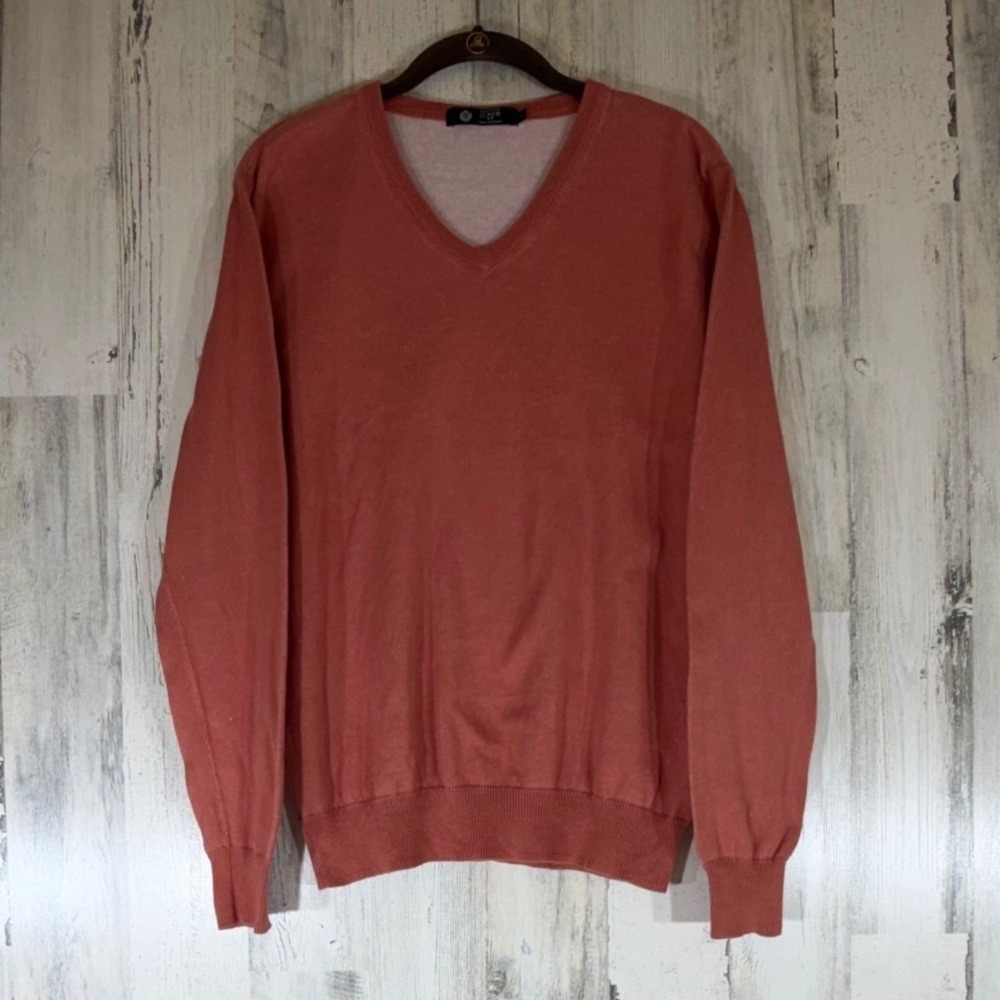 J Crew Factory Mens V-Neck Sweater Small Sunwashed Terracotta 100% Cotton Preppy